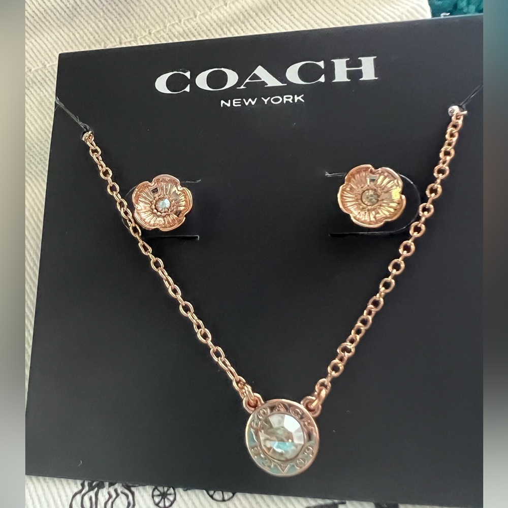 Coach rose gold earrings and necklace